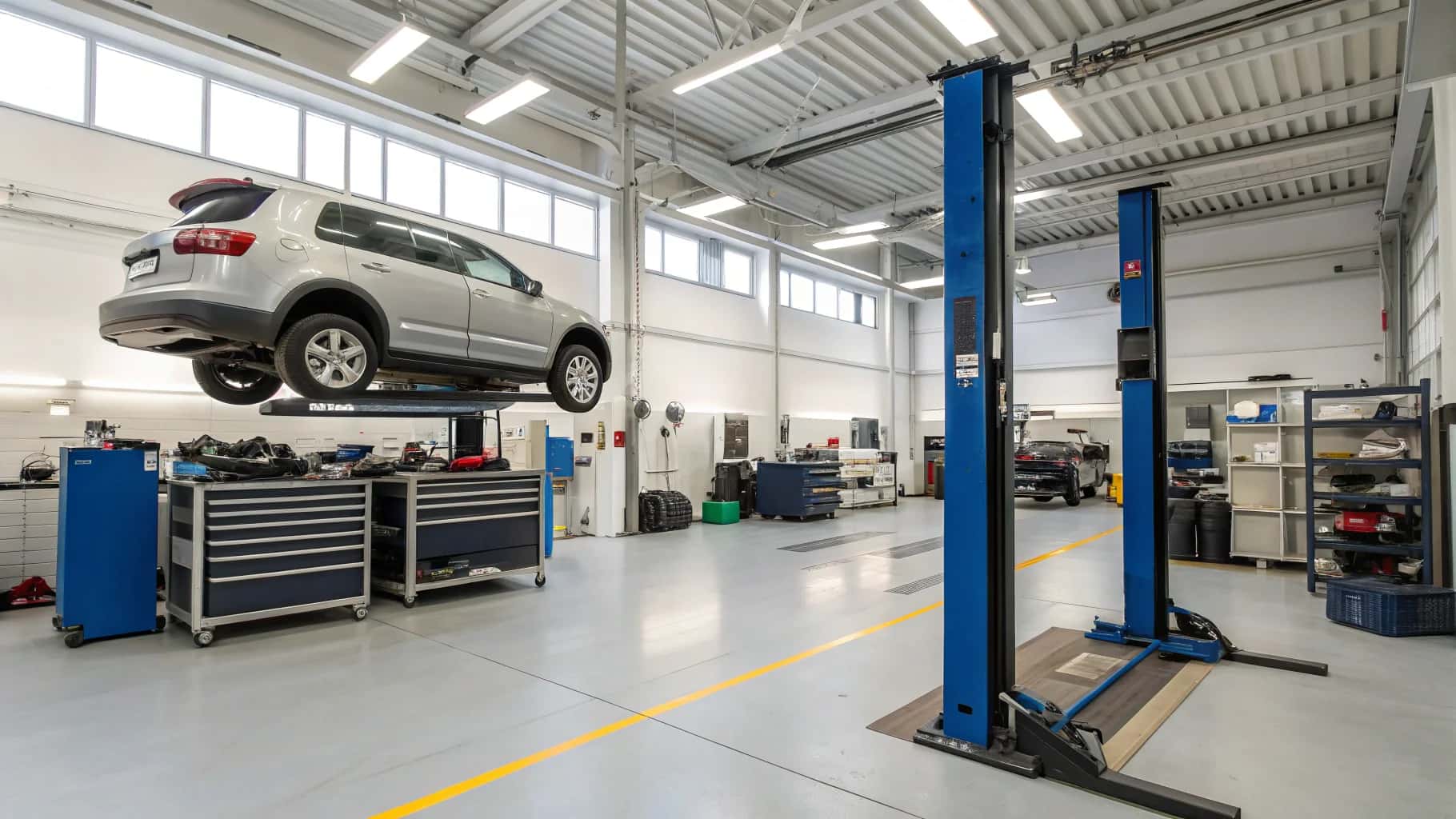 Professional automotive garage with vehicle on hydraulic lift and diagnostic tools, no humans appears in the image